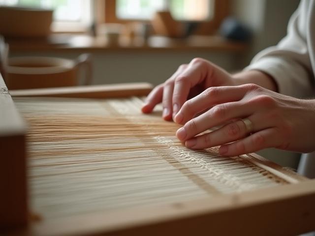 Hands weaving natural fibers on a loom, illustrating Bayleaf Beam's commitment to craftsmanship and natural materials.